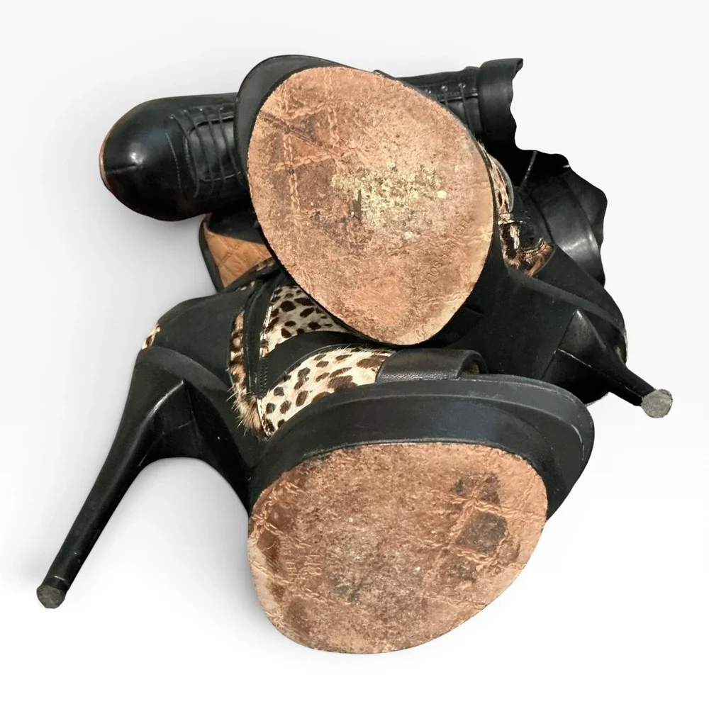 L.A.M.B. Calf Hair Gwen Stefani Leopard Leather Y2K Stiletto Heels Peep Toe 8